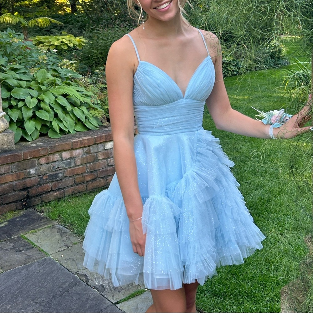 Sparkling Light Blue Tulle Spaghetti-Strap Prom Dress